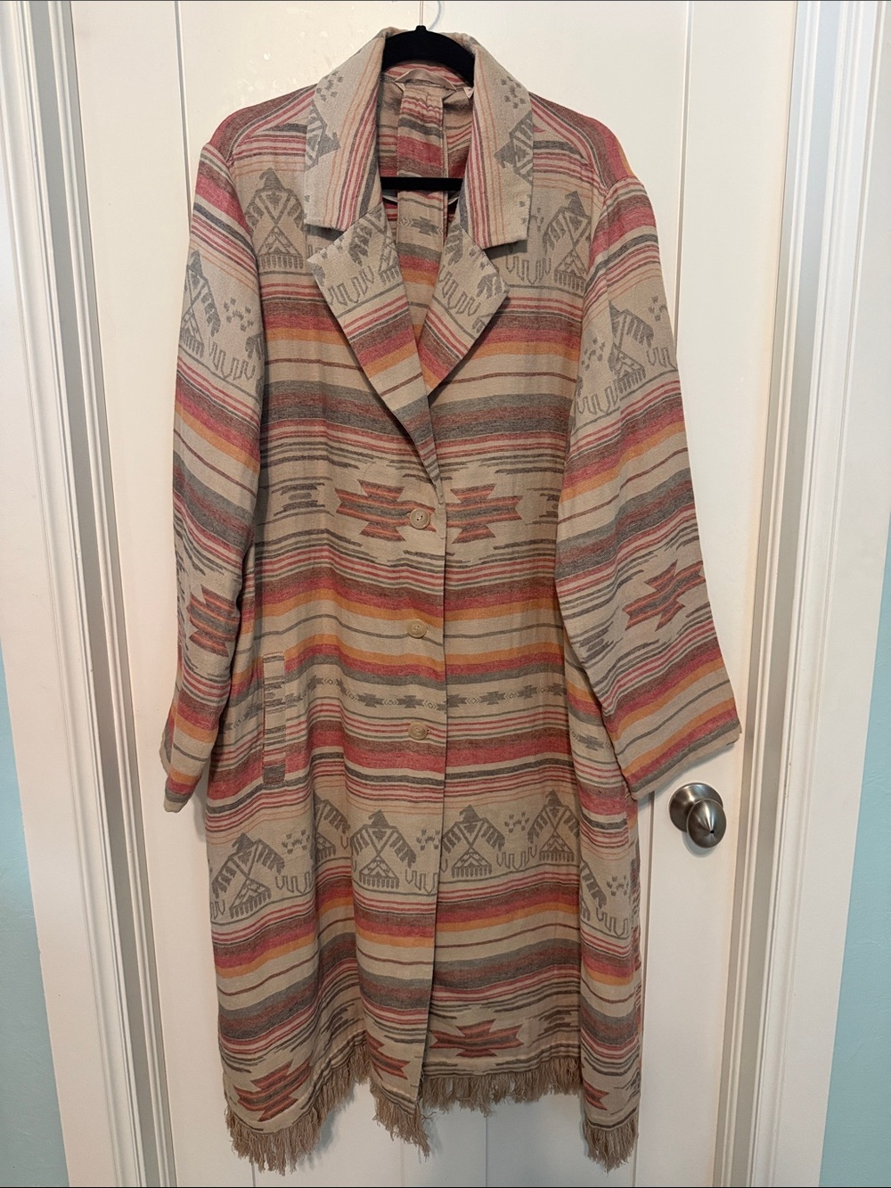 Soft Surroundings Ranch House Blanket Coat Southwestern-Stripe Trench Coat